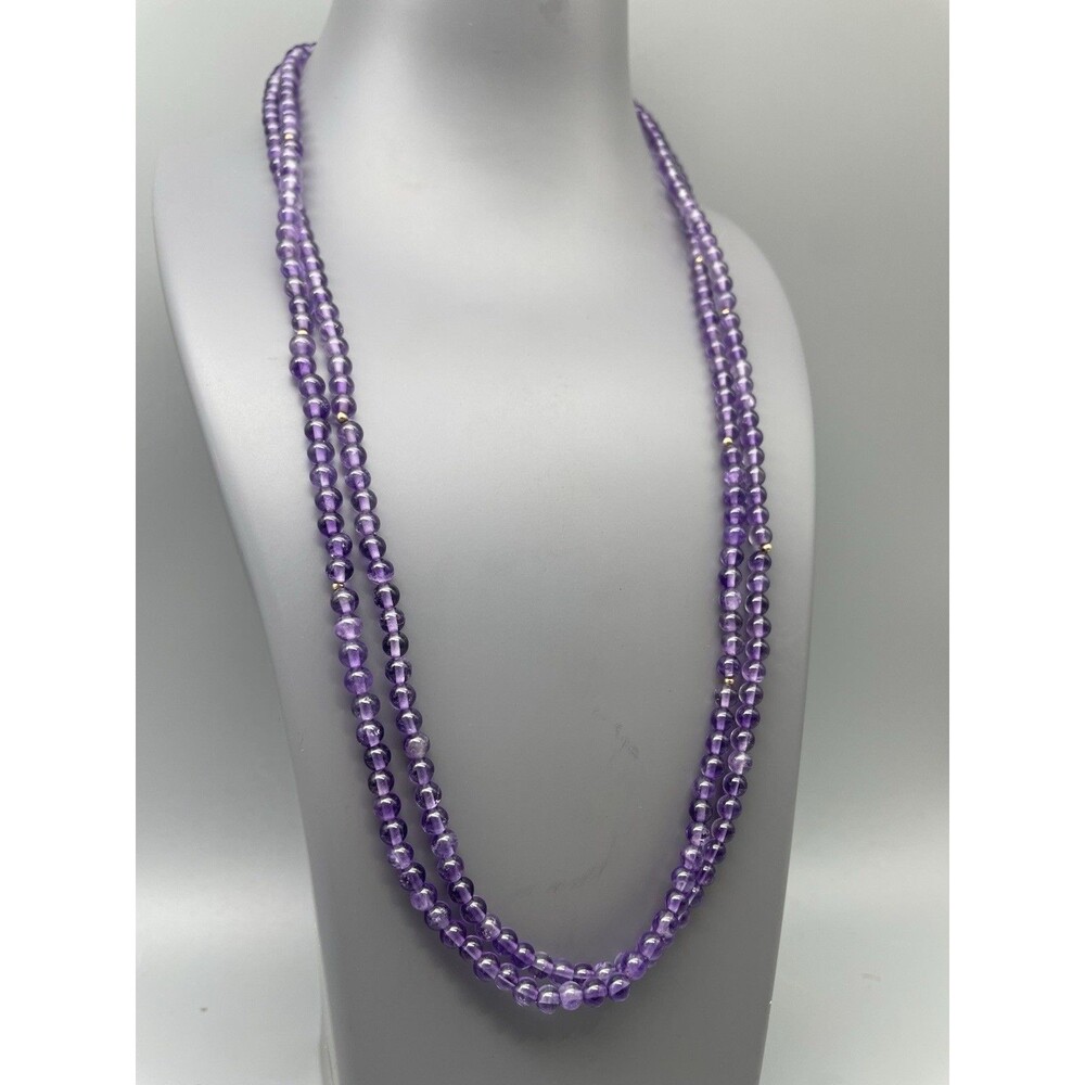 2 Strand Purple Amethyst Round Shape Beads Necklace 21” 14k Clasp